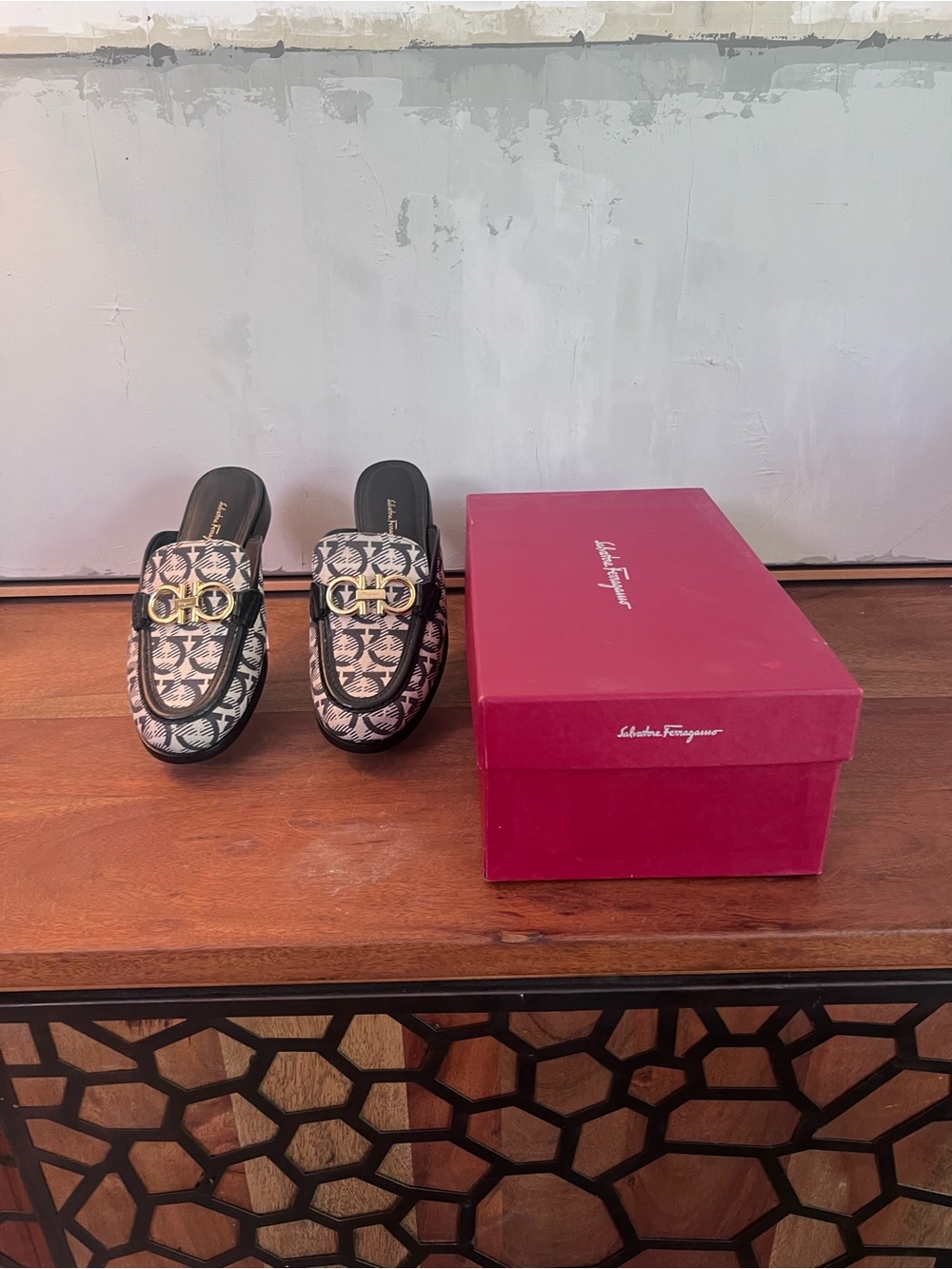 Salvatore Ferragamo Monogram Mule in Pink and Black with Gold Hardware